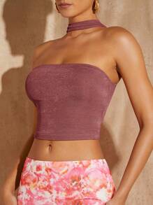 SHEIN BAE Solid Crop Halter Top - Dusty Pink - View 3