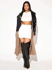 SHEIN SXY 秋冬双色双排扣腰带风衣 - 卡其色 - 查看 6