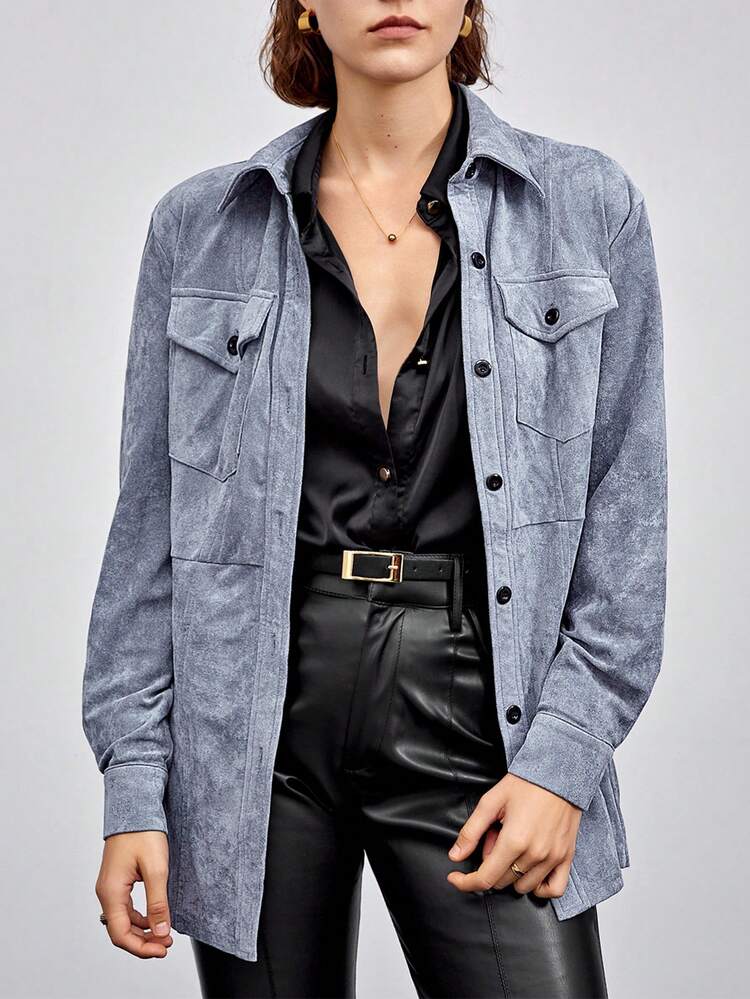 Flap Pocket Button Front Corduroy Coat
