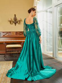 Missord Floral Embroidery Mesh Panel Lantern Sleeve Formal Dress - Green - View 2