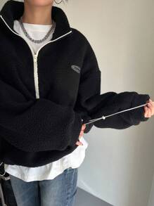 DAZY Letter Patched Detail Drop Shoulder Drawstring Hem Teddy Sweatshirt,Long Sleeve Tops,Fall Women Clothes