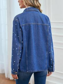 EMERY ROSE Pearls Beaded Flap Detail Denim Jacket - Blue - View 2