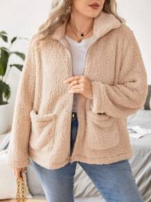 Celure Talla grande Abrigo teddy con doble bolsillo cremallera - Albaricoque - Ver 2