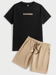 Manfinity VCAY Men Slogan Graphic Tee & Drawstring Waist Shorts Summer Outfit - Khaki - View 2