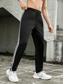 Hombres Pantalones deportivos con cinta de rayas lado de cintura con cordón - Negro - Ver 6