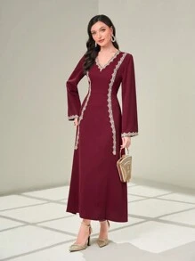 Modelyn Burgundy Red Contrast Trimmed V Neck Dress - Burgundy - View 1