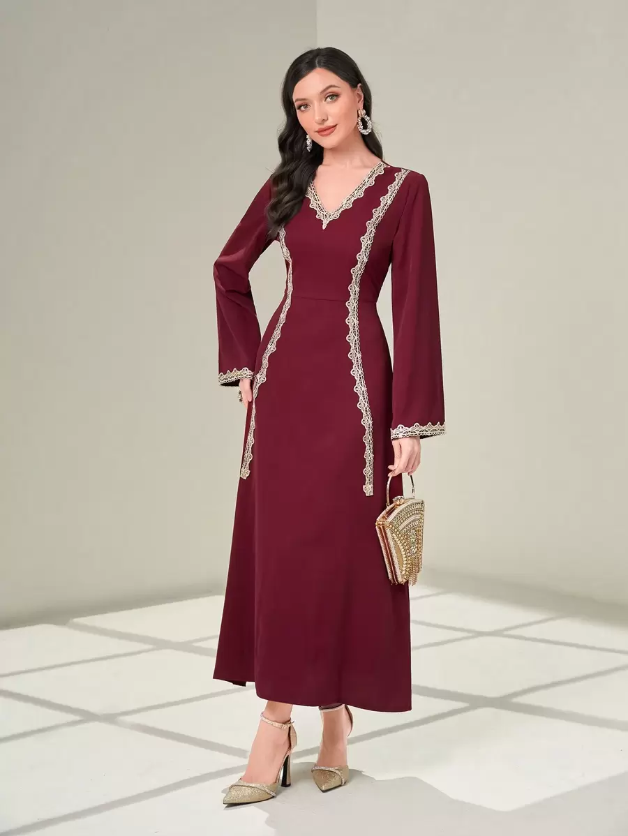 Modelyn Burgundy Red Contrast Trimmed V Neck Dress - Burgundy - View 1