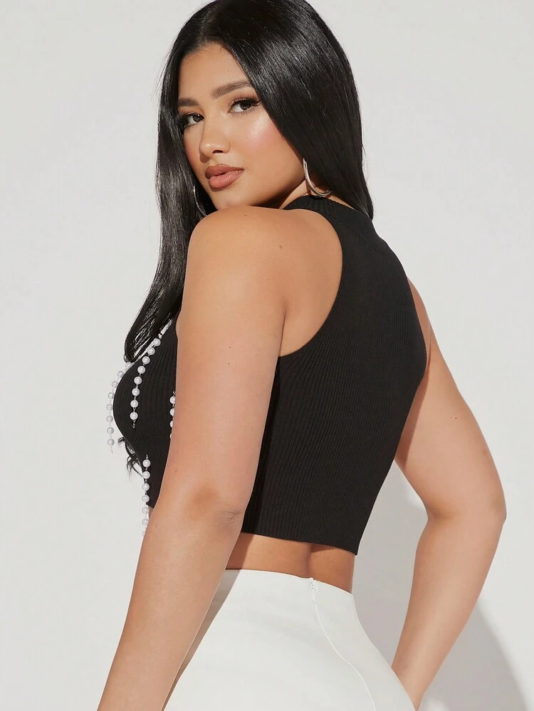 Pearls Beaded Crop Halter Knit Top