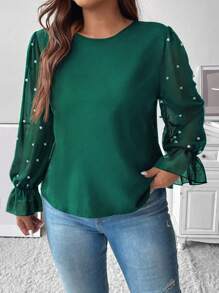 Celure Plus Pearls Beaded Flare Sleeve Blouse - Dark Green - View 7