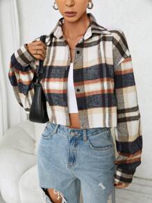 SHEIN EZwear 格纹印花落肩衬衫、长袖上衣 - 彩色 - 查看 5