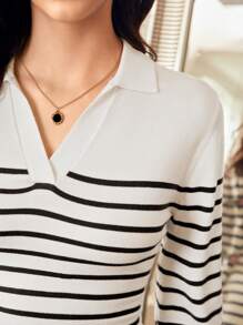 SHEIN Frenchy Striped Pattern Lantern Sleeve Sweater Dress Winter White Casual - White - View 7