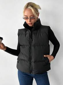 EURMUSE Zip Up Puffer Vest Coat - Black - View 4