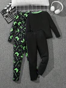 SHEIN Set de 4 piezas de ropa de estar para niño con top de manga larga cuello redondo y pantalones, conjunto informal de dos piezas