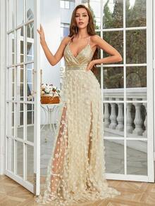 Floral Applique Mesh Prom Dress - Gold - View 4