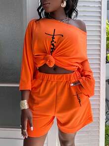 ChicMe Bộ 2 món gồm áo và quần short in họa tiết, trang phục thường ngày mùa hè cho nữ. - trái cam - Xem 3