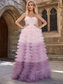 Faeriesty Ruched Bustier Ombre Layered Mesh Hem Wedding Dress - Pink - View 1