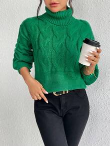 SHEIN Essnce Turtleneck Cable Knit Drop Shoulder Sweater - Green - View 5