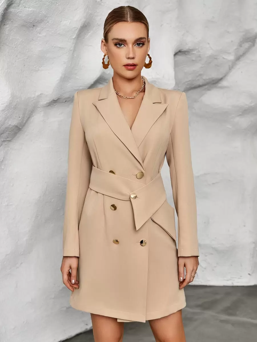 SHEIN Essnce Cổ áo Đôi ngực Chi tiết về Flap Váy blazer - Màu Khaki - Xem 1