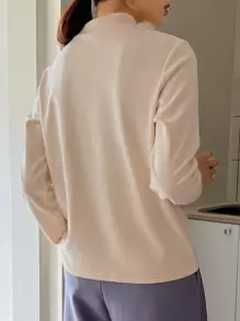 DAZY 女式字母印花宽松立领长袖保暖内衬 T 恤，秋冬 - 杏色 - 查看 2