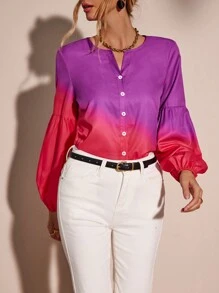 SHEIN LUNE In Ombre Tay áo lồng đèn Nút phía trước Áo sơ mi - Màu tím - Xem 1
