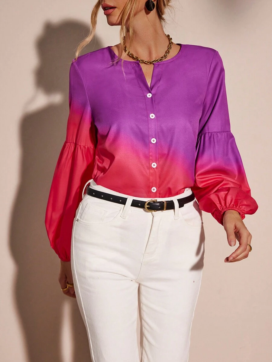 SHEIN LUNE In Ombre Tay áo lồng đèn Nút phía trước Áo sơ mi - Màu tím - Xem 1