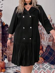 SHEIN Clasi Talla grande Vestido de doble botonadura bajo fruncido - Azul - Ver 5