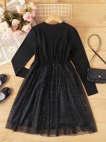 RueChic Tween Girl Button Detail Mesh Overlay Dress - Black - View 2