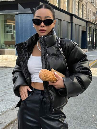 DAZY 女士纯色长袖单排扣立领休闲冬季夹克皮夹克女式外套