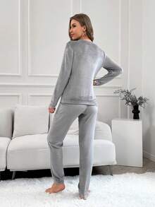 素色法蘭絨休閒服套裝 - 深灰色 - 查看 2