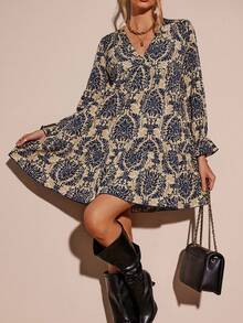SHEIN LUNE Allover Print V Neck Smock Dress - Navy Blue - View 3