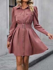 SHEIN LUNE Flap Pocket Puff Sleeve Belted Shirt Dress Fall Cloth For Women - Pink - View 1