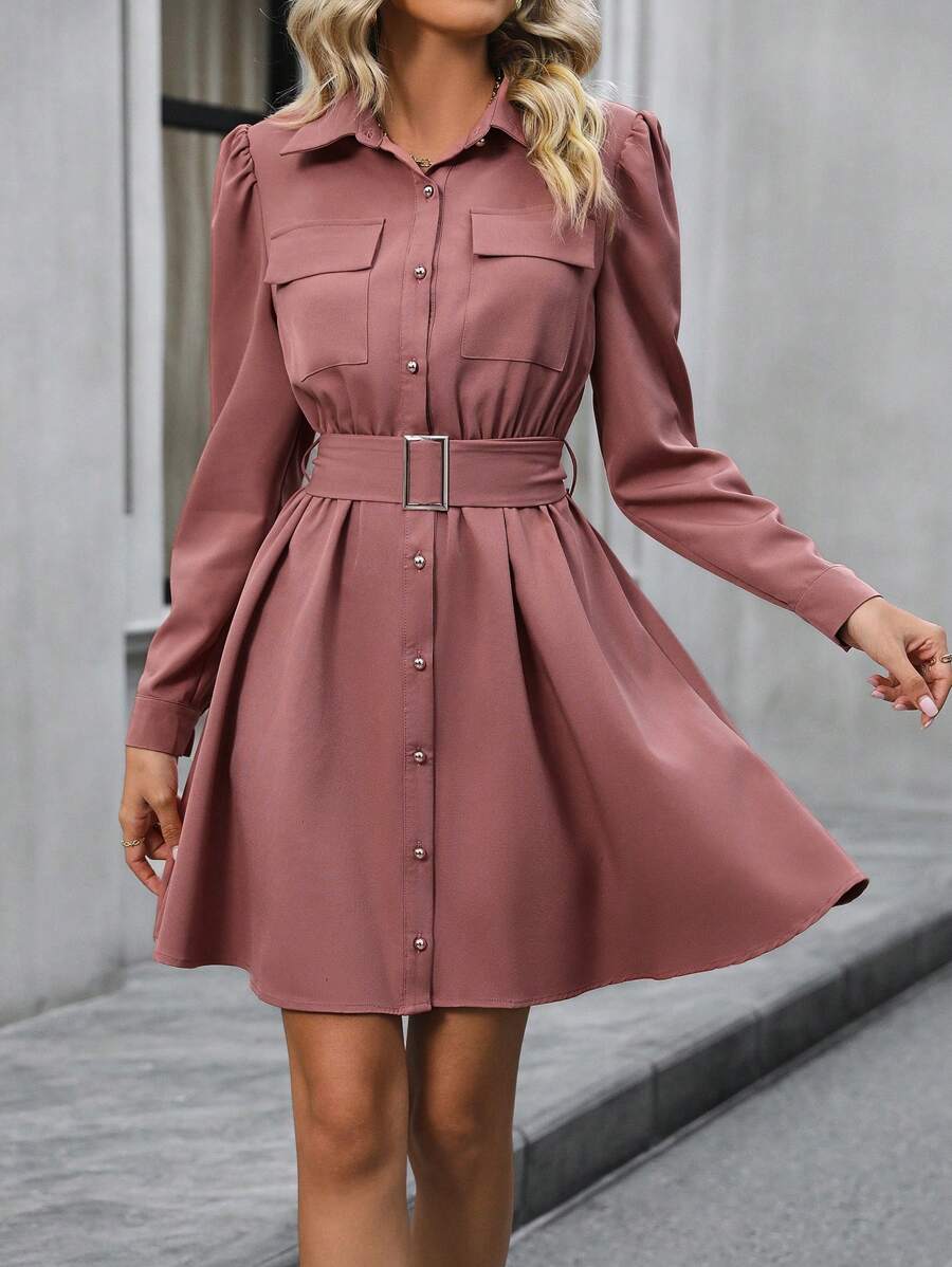 SHEIN LUNE Flap Pocket Puff Sleeve Belted Shirt Dress Fall Cloth For Women - Pink - View 1