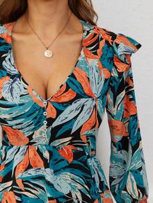 Tropical Print Ruffle Trim Lantern Sleeve Ruffle Hem Dress - Green - View 4