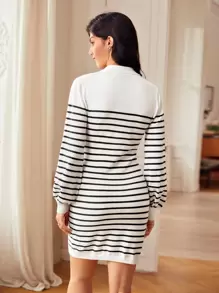 SHEIN Frenchy Striped Pattern Lantern Sleeve Sweater Dress Winter White Casual - White - View 2