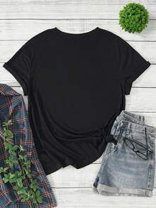 SHEIN EZwear Cộng với áo thun họa tiết mặt trời và chữ cái - màu đen - Xem 2