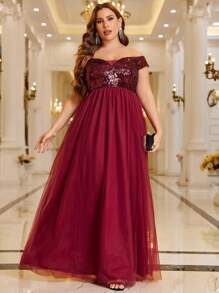 SHEIN Belle Vestido formal de color rojo burdeos con hombros descubiertos, inserto de lentejuelas y contraste de malla - Burdeos - Ver 1