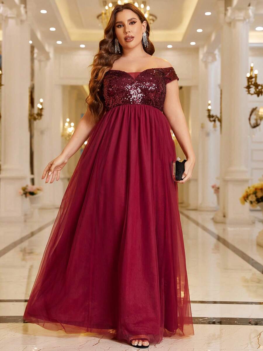 SHEIN Belle Vestido formal de color rojo burdeos con hombros descubiertos, inserto de lentejuelas y contraste de malla - Burdeos - Ver 1