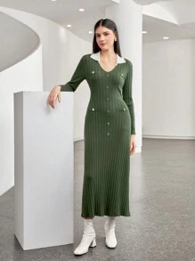 Seusyu Contrast Collar Button Front Sweater Dress - Army Green - View 4