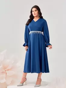 Modelyn Đầm dạ hội dài tay loe viền tua rua - Màu xanh hải quân - Xem 1