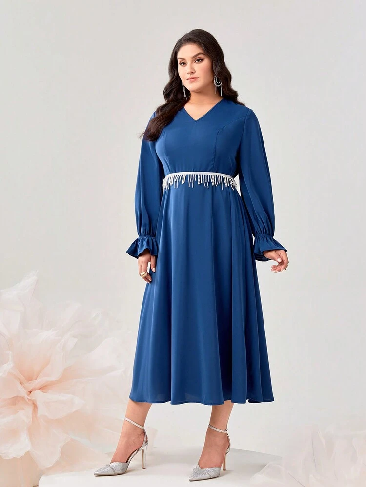 Plus Fringe Trim Flare Sleeve Dress Long Evening Dresses