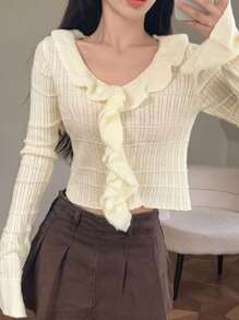 DAZY Solid Ruffle Trim Flounce Sleeve Crop Sweater,Fall Women Clothes - Apricot - View 4