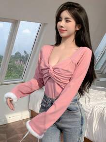 DAZY 纯色扭纹前开襟 T 恤，秋季长袖女式上衣 - 粉色 - 查看 6