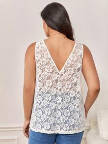 SHEIN LUNE Plus Contrast Lace V Neck Blouse - White - View 2