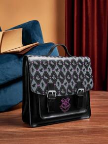 HARRY POTTER X SHEIN Geometric Pattern Black Pu Leather Flap Backpack,Hogwarts,Harrypotter,Gifts - Black - View 4