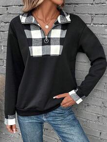 SHEIN LUNE In kẻ sọc Một nửa khóa kéo Thả vai Áo nỉ - màu đen - Xem 5