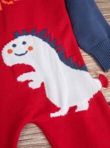 Baby Boy Letter & Dinosaur Pattern Raglan Sleeve Two Tone Button Detail Sweater Jumpsuit Autumn Fall - Multicolor - View 5