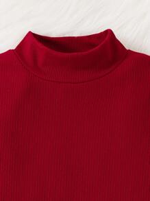 SHEIN 女大童荷葉邊小高領T恤&格紋印花半身裙適用於聖誕 - 酒紅色 - 查看 3