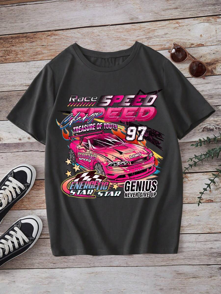 少女涼爽簡約短袖車字印花T恤，適合夏季穿搭