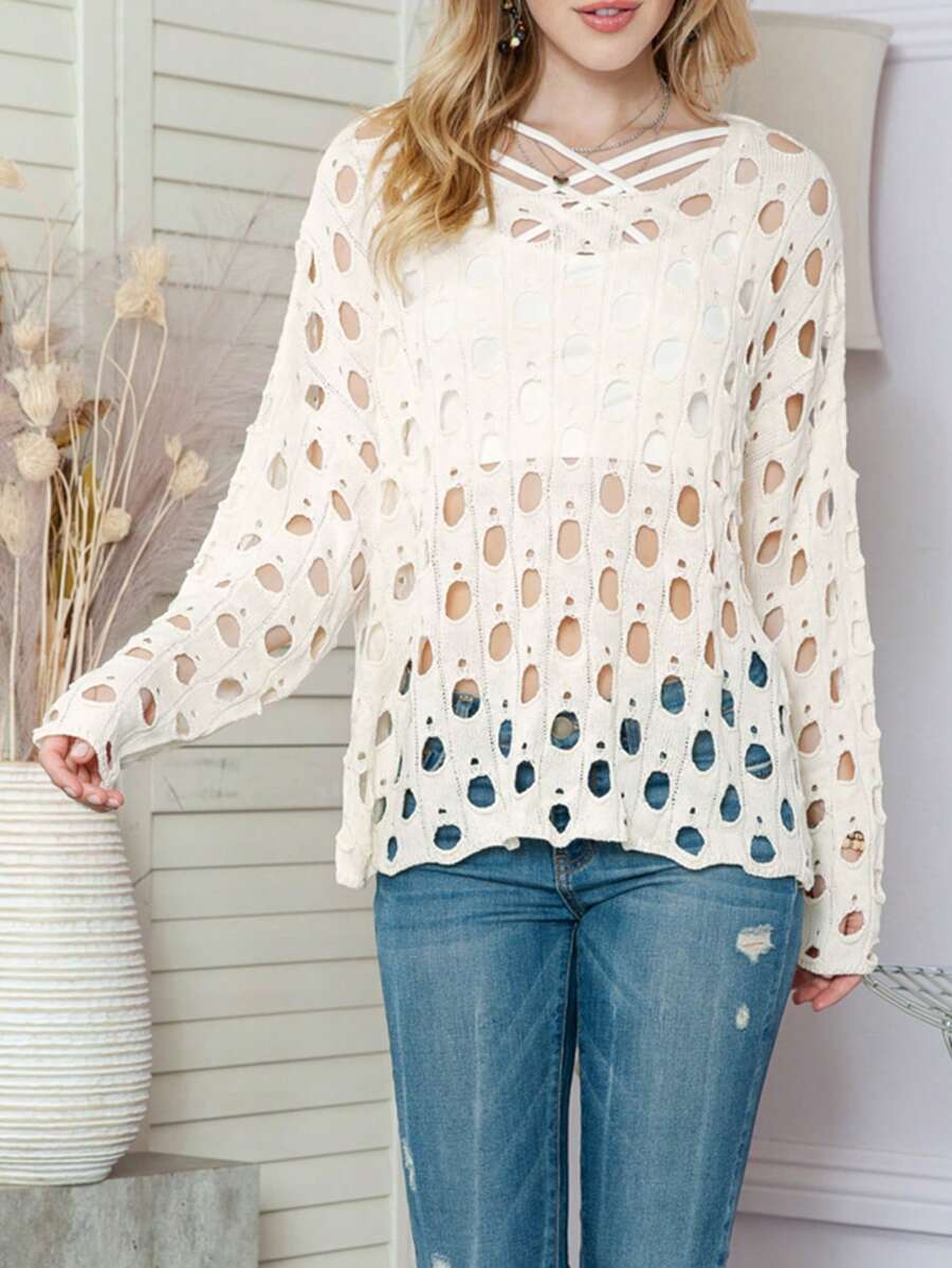 Hollow Out Batwing Sleeve Top Without Cami Top - Beige - View 1