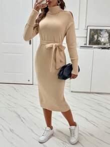Chiquease Turtleneck Cut Out Drop Shoulder Belted Sweater Dress - Apricot - View 3